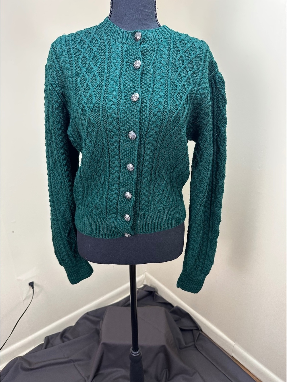 Vintage Original-Lanz Dark Emerald Green Wool Cardigan Made in Austria US L